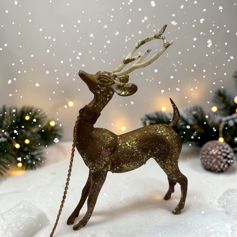 Vintage 1960s MCM Hard Plastic Gold Glitter Christmas Reindeer Deer Buck READ